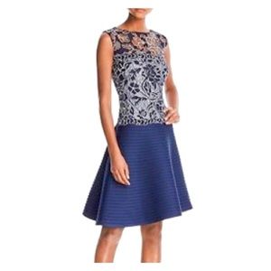 Tadashi Shoji Navy and White Fit-and-Flare Lace Bodice Dress